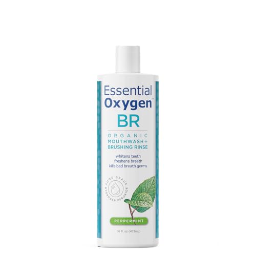 Essential Oxygen Certified BR Organic Brushing Rinse, All Natural Mouthwash for Whiter Teeth, Fresher Breath, and Happier Gums, Alcohol-Free Oral Care, Peppermint, 16 Ounce, Package may vary