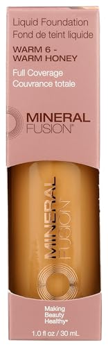 Mineral Fusion Full Coverage Foundation, Liquid Foundation - Warm 6- Dark to Tan Complexion w/Golden Undertones, Lightweight Matte Finish, Up to 12 Hr Hydration, Hypoallergenic & Vegan, 1 fl. oz