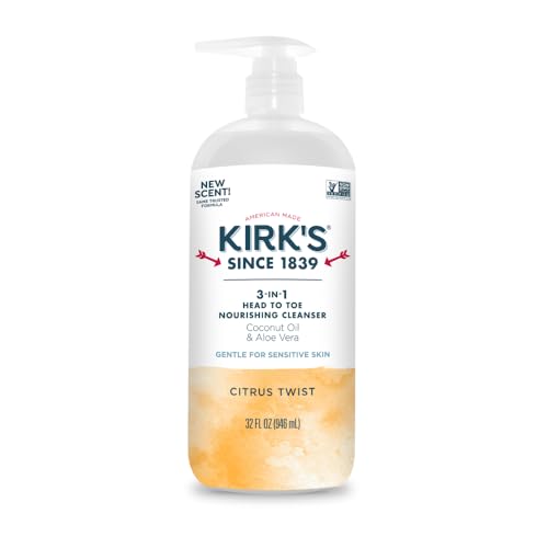 Kirk's 3-in-1 Head to Toe Nourishing Liquid Cleanser- for Men, Women & Children - Premium Coconut Oil & Aloe Vera- Non GMO & Vegan - Citrus Twist - 32 Fl Oz.