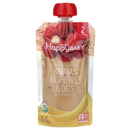 Happy Baby Organics Stage 2 Baby Food Pouches, Gluten Free, Vegan & Healthy Snack, Clearly Crafted Fruit & Veggie Puree, Bananas, Raspberries & Oats, 4 Ounces (Pack of 1)
