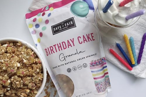 Safe + Fair Birthday Cake Granola – Gluten-Free, Vegan & Plant-Based Snack with Natural Sprinkles – 0g Trans Fat, Non-GMO, Kosher, Allergen-Free, Whole Grain - 12oz