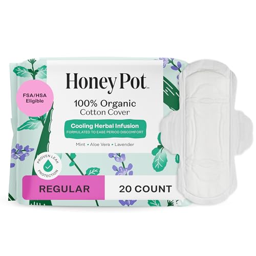 The Honey Pot Company - Herbal Sanitary Pads for Women - Regular Flow w/Wings - Infused w/Essential Oils for Cooling Effect & Organic Cotton Cover - Feminine Care - 20 ct