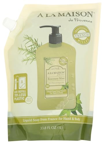 A LA MAISON French Liquid Hand Soap RefilL - Natural Hand Wash Made with Essential Oils - Biodegradable, Plant-Based, Vegan, Cruelty-Free (33.8 Fl Oz Pouch (1 Pack), Rosemary Mint)