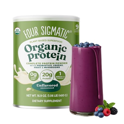 Four Sigmatic Organic Plant-Based Protein Powder | Clean Vegan Protein Elevated with Lion’s Mane, Chaga, Cordyceps and More for Brain Function and Immune Support | Unflavored, 16.9 oz