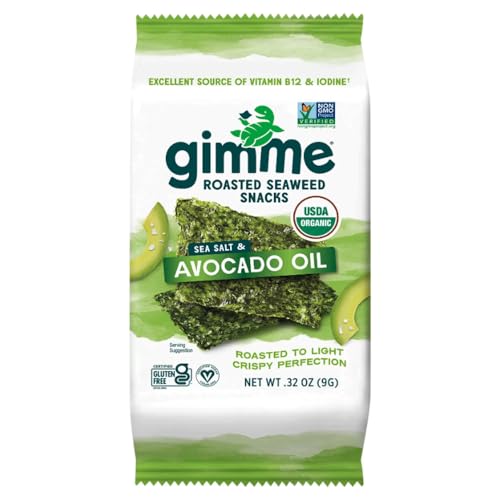 Gimme Seaweed Organic Premium Roasted Seaweed Snacks, Sea Salt & Avocado Oil, 9g Sharing Pack (Single) Keto, Vegan, Gluten-Free, Source of Omega3s & Iodine, Healthy On-The-Go Snack for Kids & Adults