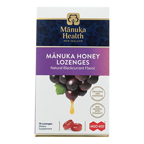 Manuka Health Manuka Honey Lozenges – 15 Blackcurrant Flavored Lozenges – Natural Throat Lozenges Infused with Raw Manuka Honey and Vitamin C for Immune Support
