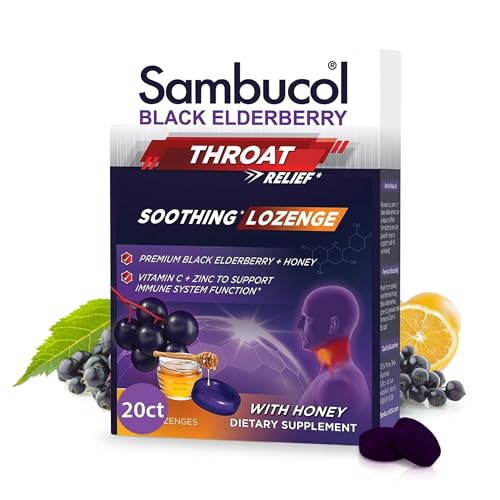 Sambucol Black Elderberry Throat Lozenge - Sore Throat Drops with Black Elderberry, Honey, Vitamin C & Zinc, Sore Throat Relief for Adults & Kids, Soothes Cough, Soft & Chewy - 20 Count