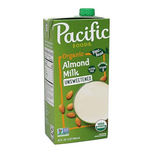 Pacific Foods Organic Unsweetened Almond Milk, Plant Based Milk, 32 oz Carton