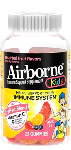 Airborne Vitamin C 500mg (per Serving) Kids Assorted Fruit Flavored Gummies (21 Count in a Bottle), Gluten-Free Immune Support Supplement with Vitamins A C E, Selenium, Echinacea & Ginger