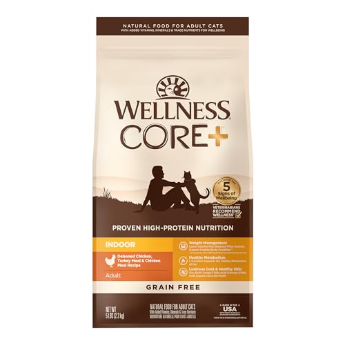 Wellness CORE+ Adult Dry Cat Food for Indoor Cats, Grain-Free, Natural, Chicken, Turkey & Chicken Meal (5 Pound Bag)