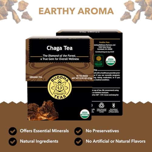 Buddha Teas - Chaga Tea - Organic Herbal Tea - For Cognitive Balance & Overall Health - With Chaga Mushroom, Antioxidants & B Vitamins - Caffeine Free - OU Kosher - 18 Tea Bags (Pack of 1)