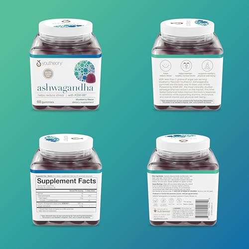 Youtheory Ashwagandha - Vegan Stress Support Supplement with KSM-66 & Ginger Extract - Low Sugar - Diary, Gluten & Soy-Free - Blueberry, 60 Gummies