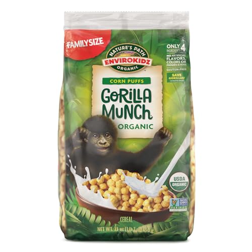 EnviroKidz Organic Gorilla Munch Cereal, 23 oz (Pack of 1), Corn Puffs, Gluten Free, Non-GMO, Earth Friendly Packaging, by Nature's Path