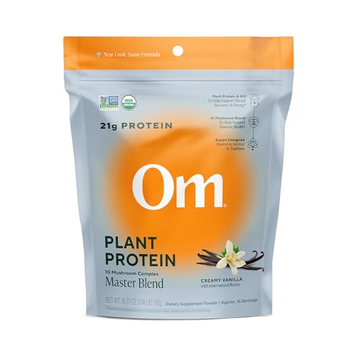 OM MUSHROOM SUPERFOOD Master Blend Vegan Protein – Creamy Vanilla Plant Protein with 10 Mushrooms, Ashwagandha, BCAAs & B12 – Energy, Recovery & Immune Support – 1.2 lb (16 Servings)
