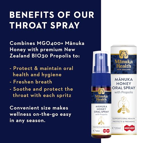MANUKA HEALTH, Manuka Honey Throat Spray with Propolis .67 fl oz, Protects & Freshens, MGO 400+, BIO30 New Zealand Propolis