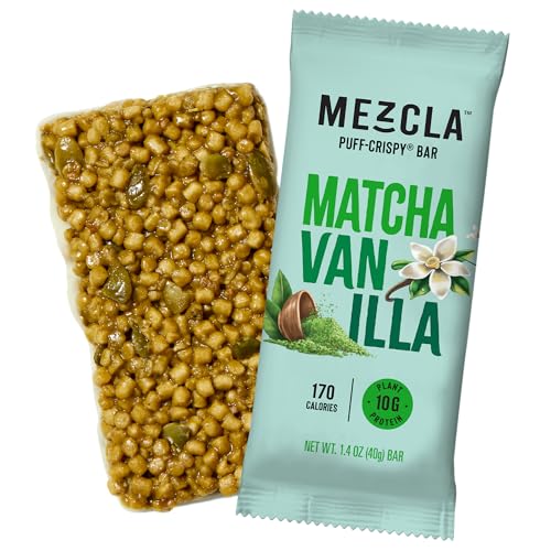 Mezcla Puff Crispy Protein Bars, Gluten Free & Vegan Protein Bars, 10g Protein, Alt for Crispy Rice Treat, Granola Bars & Breakfast Bars, Healthy Snacks for Adults, Matcha Vanilla, 1 Count