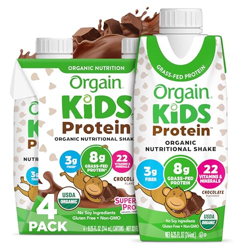 Orgain Organic Kids Protein Nutritional Shake, Chocolate - 8g of Protein, 22 Vitamins & Minerals, Fruits & Vegetables, Gluten Free, Soy Free, Non-GMO, 8.25 Fl Oz (Pack of 4)