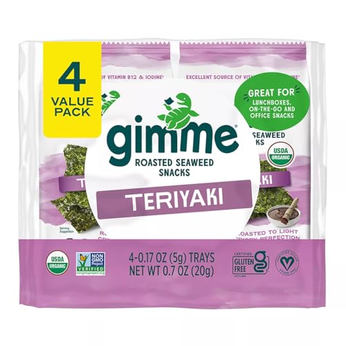 Gimme Seaweed - Teriyaki - 4 Count - Organic Roasted Seaweed SheetsKeto, Vegan, Gluten Free - Great Source of Iodine & Omega 3’s - Healthy On-The-Go Snack for Kids Adults