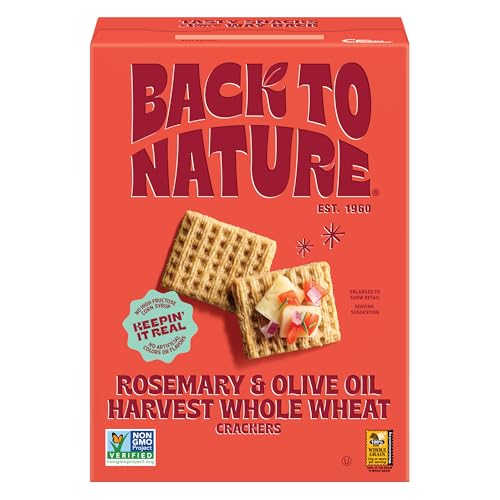 Back to Nature Rosemary & Olive Oil Harvest Whole Wheat Crackers, Non-GMO, Plant-Based Snack, Made with Whole Grain Wheat & Sea Salt, 7 oz Box
