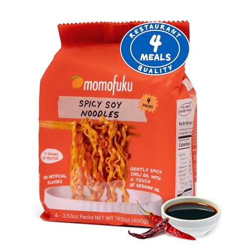 Momofuku Spicy Soy Ramen Noodles by David Chang, 4 Pack of Restaurant Quality Air-Dried Instant Noodles Now with More Sauce & 10g of Protein