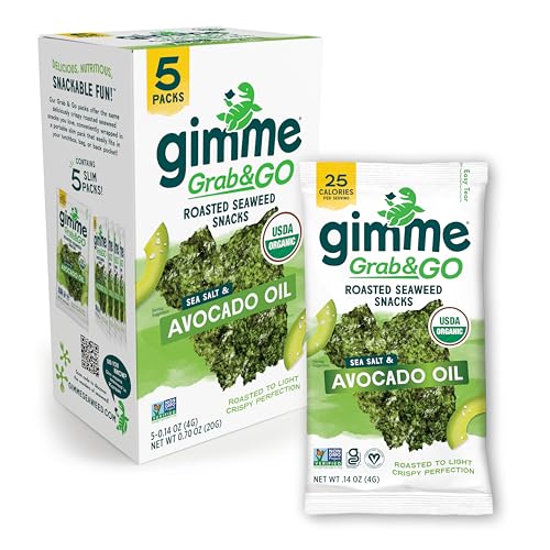 Gimme Seaweed Grab & Go Organic Premium Roasted Seaweed Snacks, Sea Salt & Avocado Oil, 5 Count Trayless, Keto, Vegan, Gluten-Free, Source of Omega3s, Healthy On-The-Go Snack for Kids & Adults