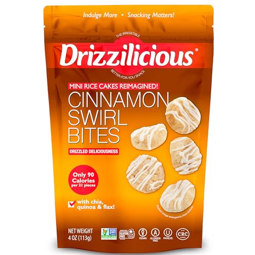 Drizzilicious Mini Flavored Rice Cakes Cinnamon Swirl - Rice Crisps, Healthy Snack for Adults and Kids, Vegan, Gluten Free Snack, Allergen Free, Only 90 Calories Per 21 Pieces - 4 oz (Pack of 1)