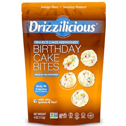 Drizzilicious Mini Flavored Rice Cakes Birthday Cake - Rice Crisps, Healthy Snack for Adults and Kids, Vegan, Gluten Free Snack, Allergen Free, Only 90 Calories Per 21 Pieces - 4 oz (Pack of 1)