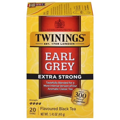 Twinings Earl Grey Extra Strong Black Tea Individually Wrapped Bags, 20 Count (Pack of 1), Flavoured with Citrus and Bergamot, Caffeinated, Enjoy Hot or Iced, 20 Teabags
