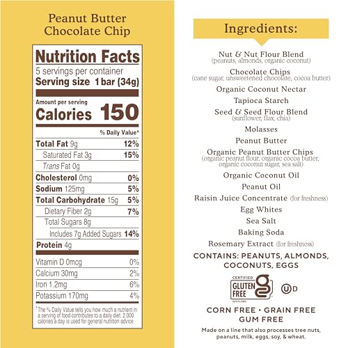 Simple Mills Almond Flour Snack Bars, Peanut Butter Chocolate Chip - Gluten Free, Made with Organic Coconut Oil, Breakfast Bars, Healthy Snacks, 6 Ounce (Pack of 1)