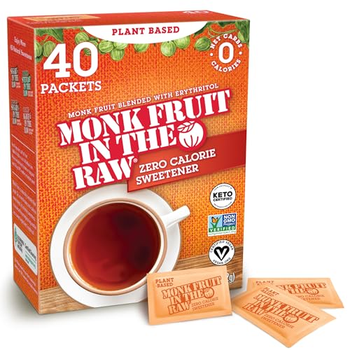 Monk Fruit In The Raw Sweetener Packets, 40 Ct, Keto Certified Monk Fruit Sweetener Packets, Zero Calories, Zero Net Carbs, Non-GMO Project Verified, Vega, Low Glycemic Index