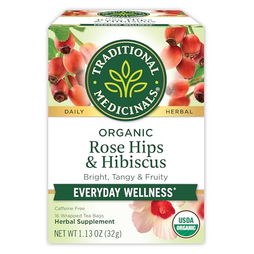 Traditional Medicinals Tea, Organic Rose Hips & Hibiscus - Supports Everyday Wellness - Kosher, Non-GMO, Caffeine-Free - 16 Tea Bags