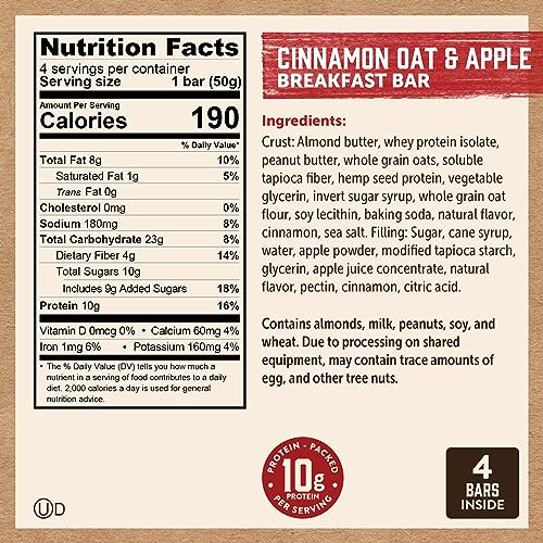 Kodiak Soft Baked Sandwich Breakfast Bar, Cinnamon Oat & Apple, High Protein, 100% Whole Grains, 1 box with 4 bars each (4 bars total)