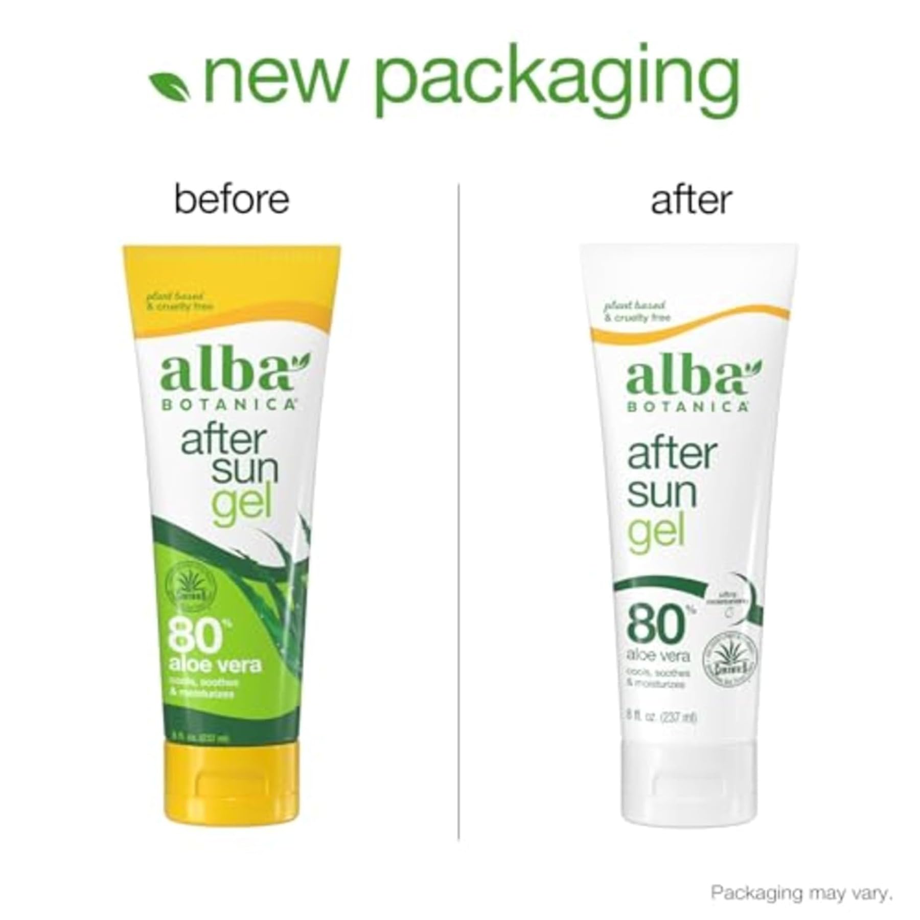 Alba Botanica Aloe Vera Gel for Skin, Cooling After Sun Treatment for Face and Body, Made with Purity Certified 80% Aloe Vera Gel Formula, 8 fl. oz. Tube (Packaging May Vary)