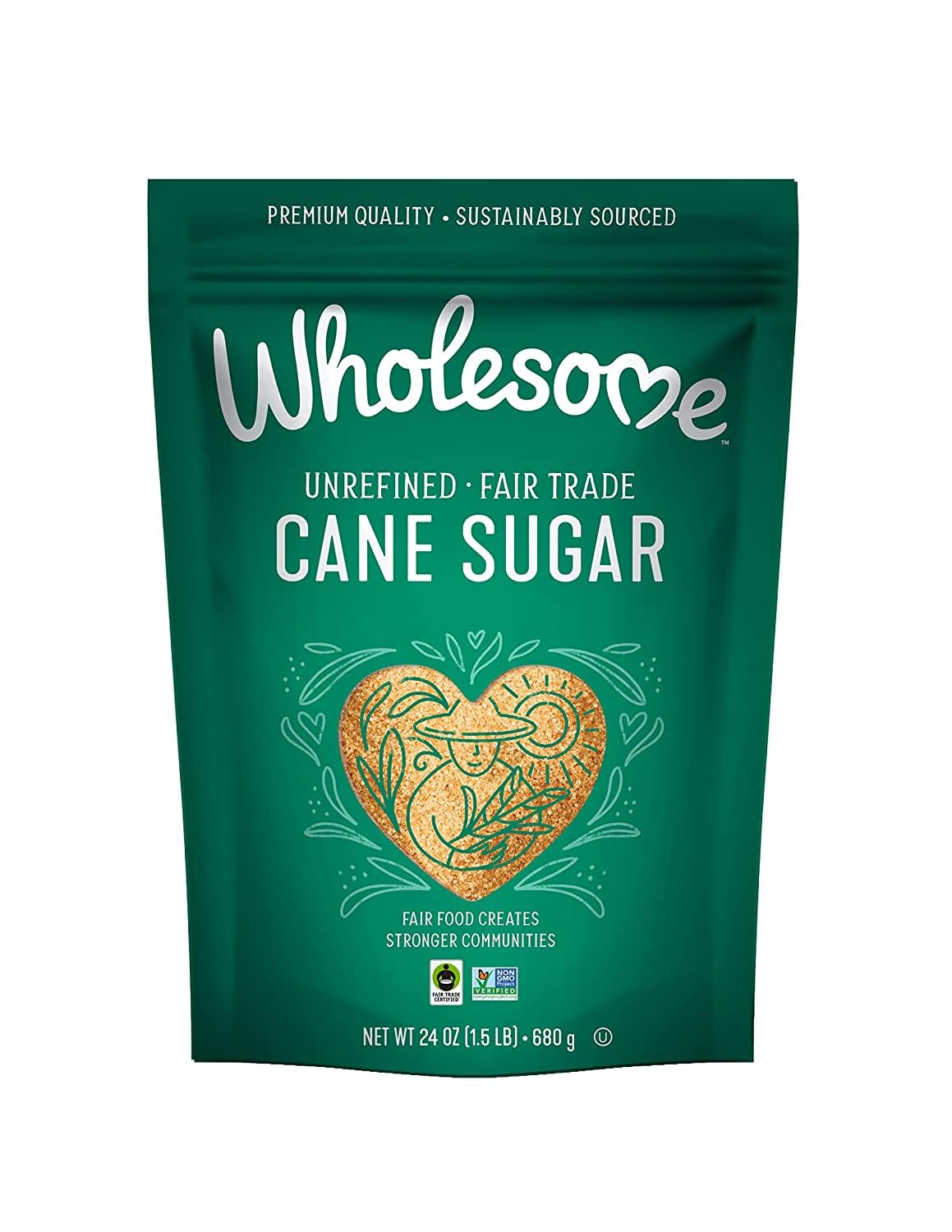 Wholesome Sweeteners 24-Ounce Unrefined Cane Sugar, Fair Trade, Non GMO, Gluten Free & Vegan, for Baking and Sweetening, 1 Pack