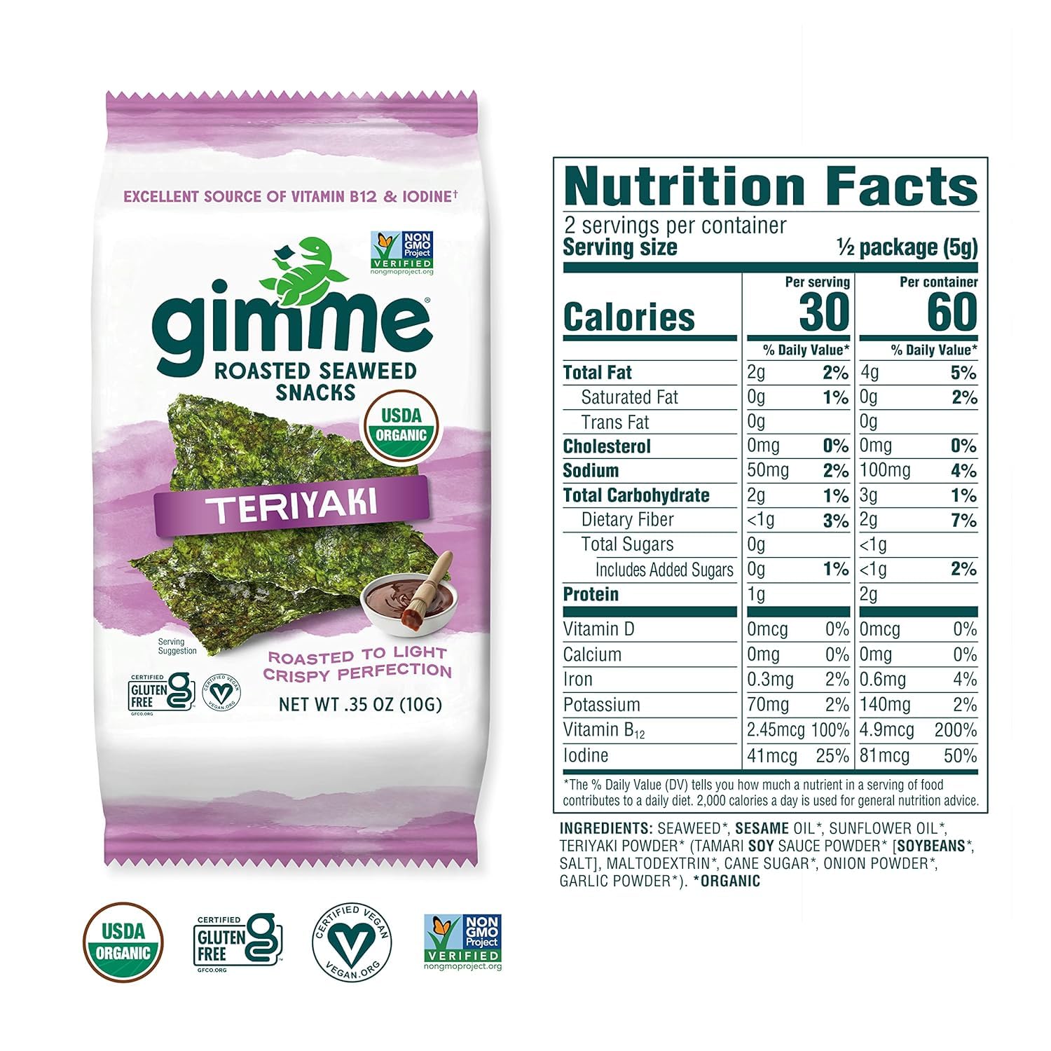 Gimme Seaweed Organic Roasted Seaweed Sheets - Teriyaki - 10g Sharing Pack (Single) - Keto, Vegan, Gluten Free -Great Source of Iodine and Omega 3’s - Healthy On-The-Go Snack for Kids & Adults