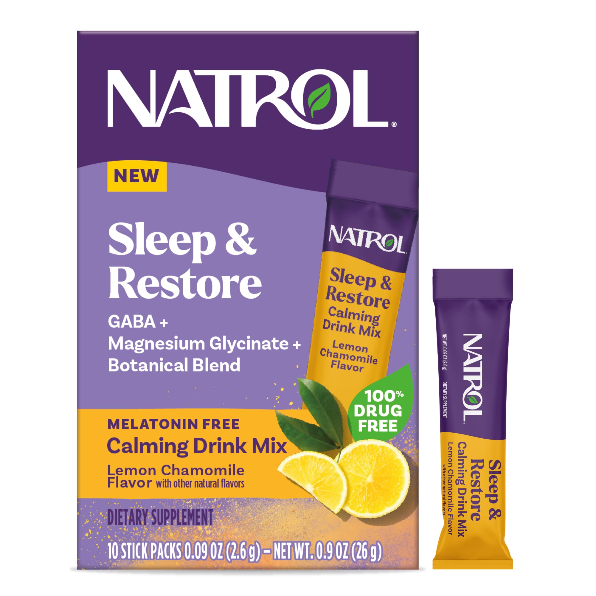Natrol Sleep + Restore Calming Drink Mix with Magnesium Glycinate, Magnesium Sleep Aid, Melatonin-Free, Lemon Chamomile, 10 Stick Packs