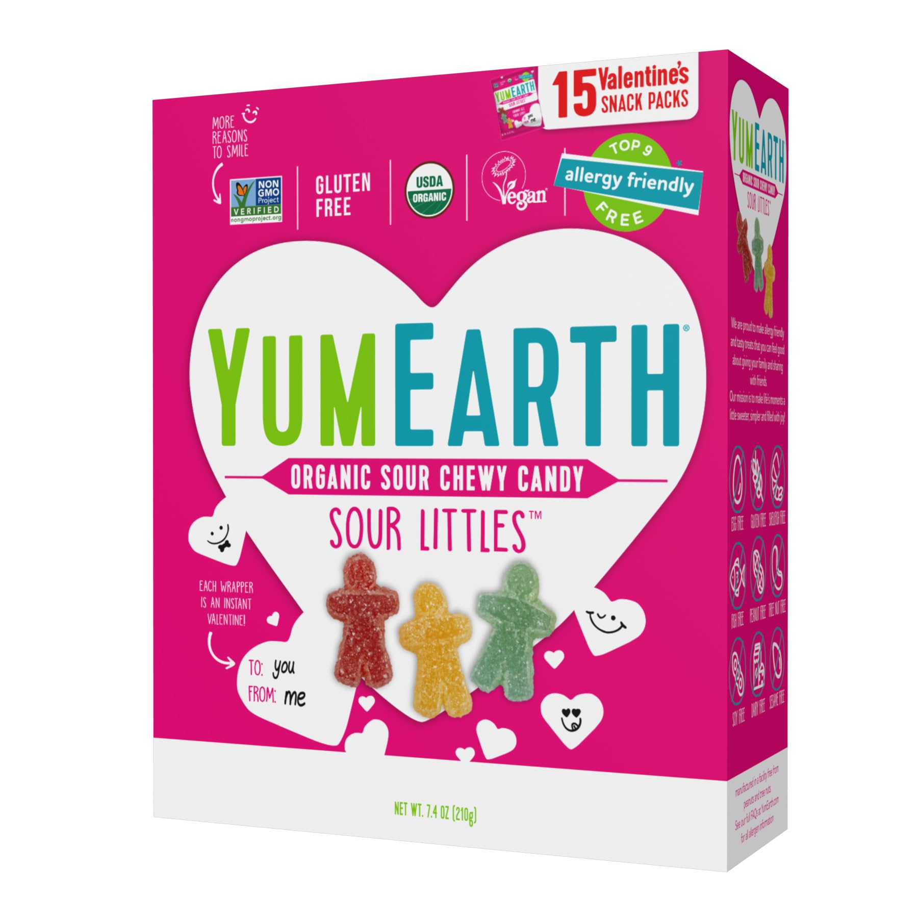 YumEarth Valentine Organic Sour Littles Chewy Candy - Allergy Friendly (Top 9 Free), No Artificial Dyes, Non GMO, Gluten Free, Vegan Candy Snacks - 15 Count (1, 7.5 Ounce)