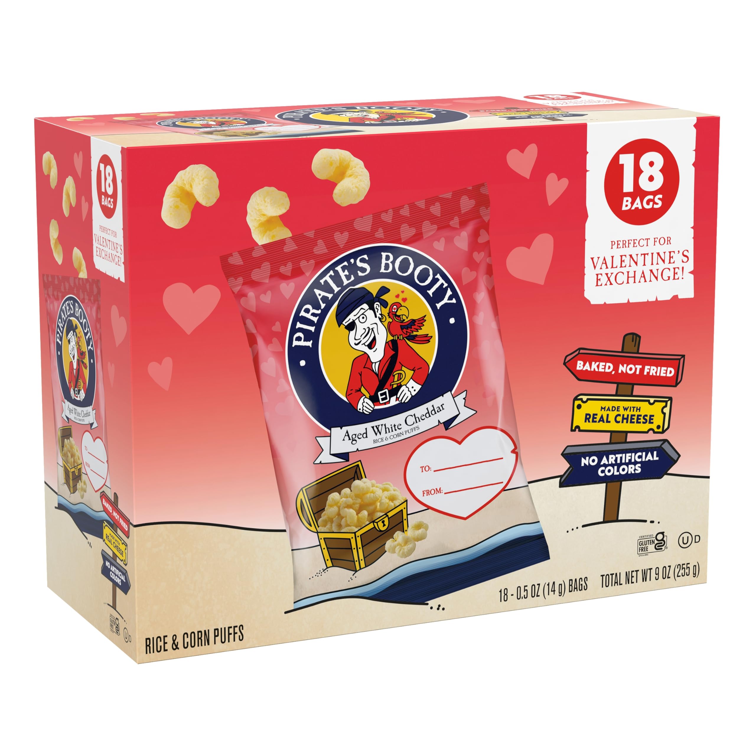 Pirate's Booty Aged White Cheddar Cheese Puffs, Valentine's Day Snack, Gluten-Free, Kids Snacks, 0.5oz (18ct)