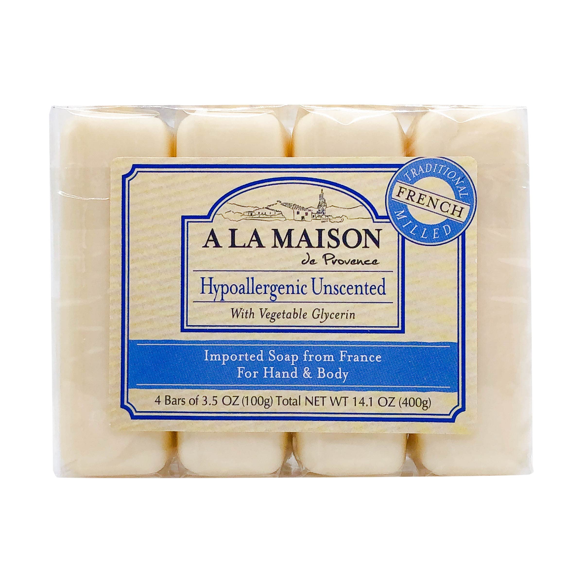 A LA MAISON Hypoallergenic Unscented Bar Soap - Triple French Milled Natural Moisturizing Hand Soap Bar (4 Bars of Soap, 3.5 oz)