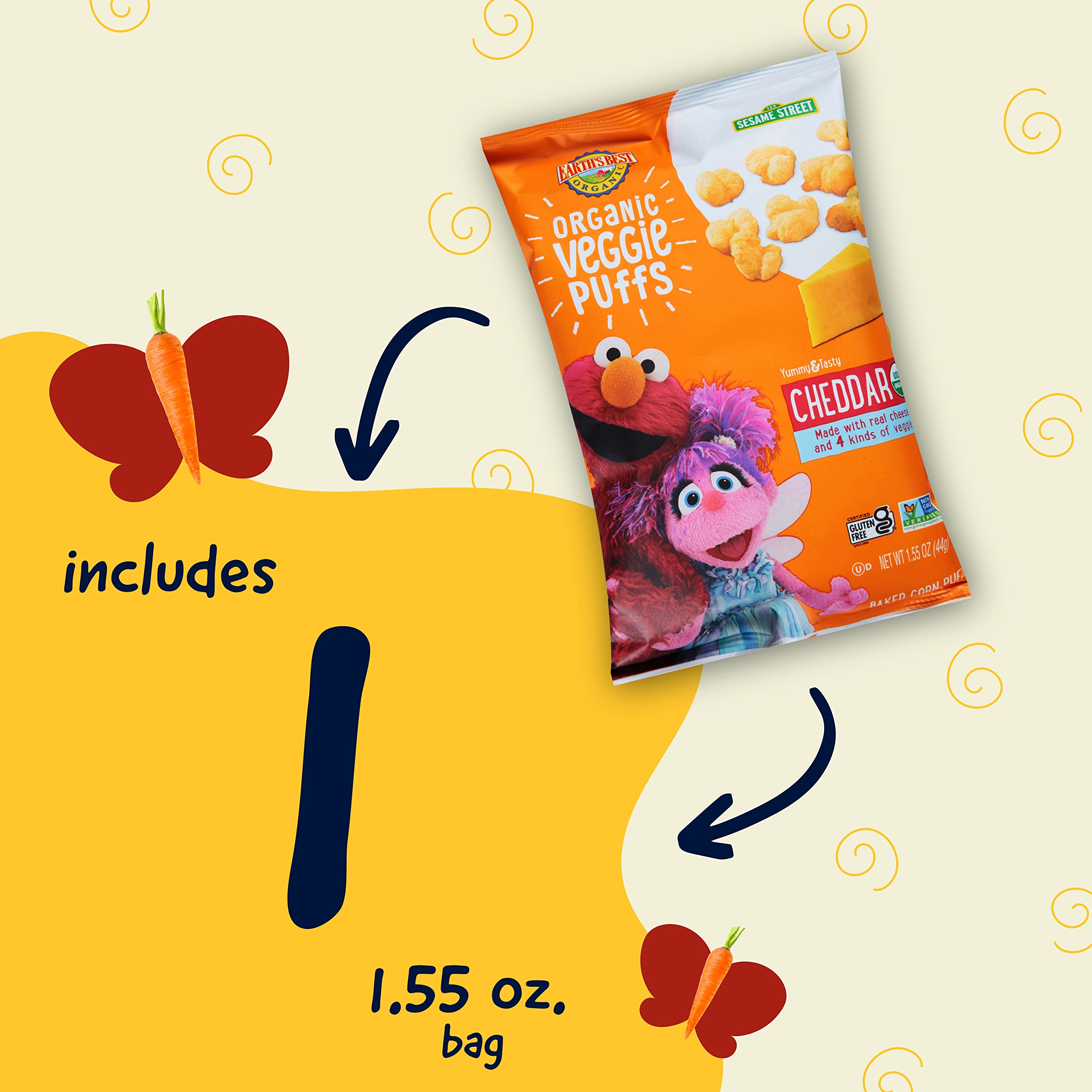 Earth's Best Organic Kids Snacks, Sesame Street Toddler Snacks, Organic Cheddar Veggie Puffs, Gluten Free Snacks for Kids 2 Years and Older, Cheddar, 1.55 oz Bag