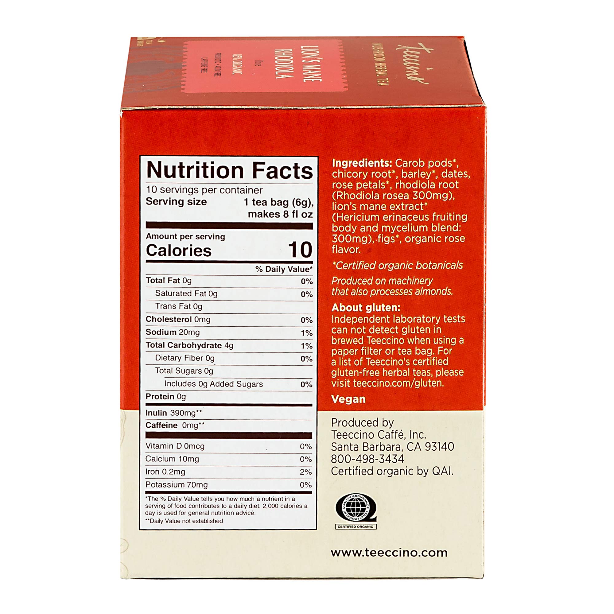 Teeccino Caffeine-Free Mushroom Adaptogenic Herbal Tea - Lion’s Mane Rhodiola Tea - Rose, 3x More Herbs than Regular Teas, Lightly Sweet from Dates & Figs, Chicory Prebiotic - 10 Tea Bags