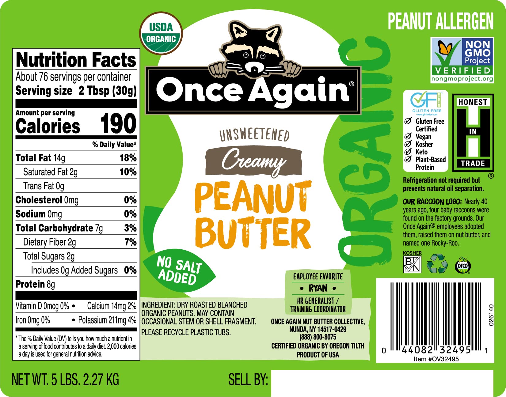Once Again Organic Creamy Peanut Butter, 5lb Pantry Pal (same as 5 jars) - Salt Free, Unsweetened - USDA Organic, Gluten Free Certified, Vegan, Kosher