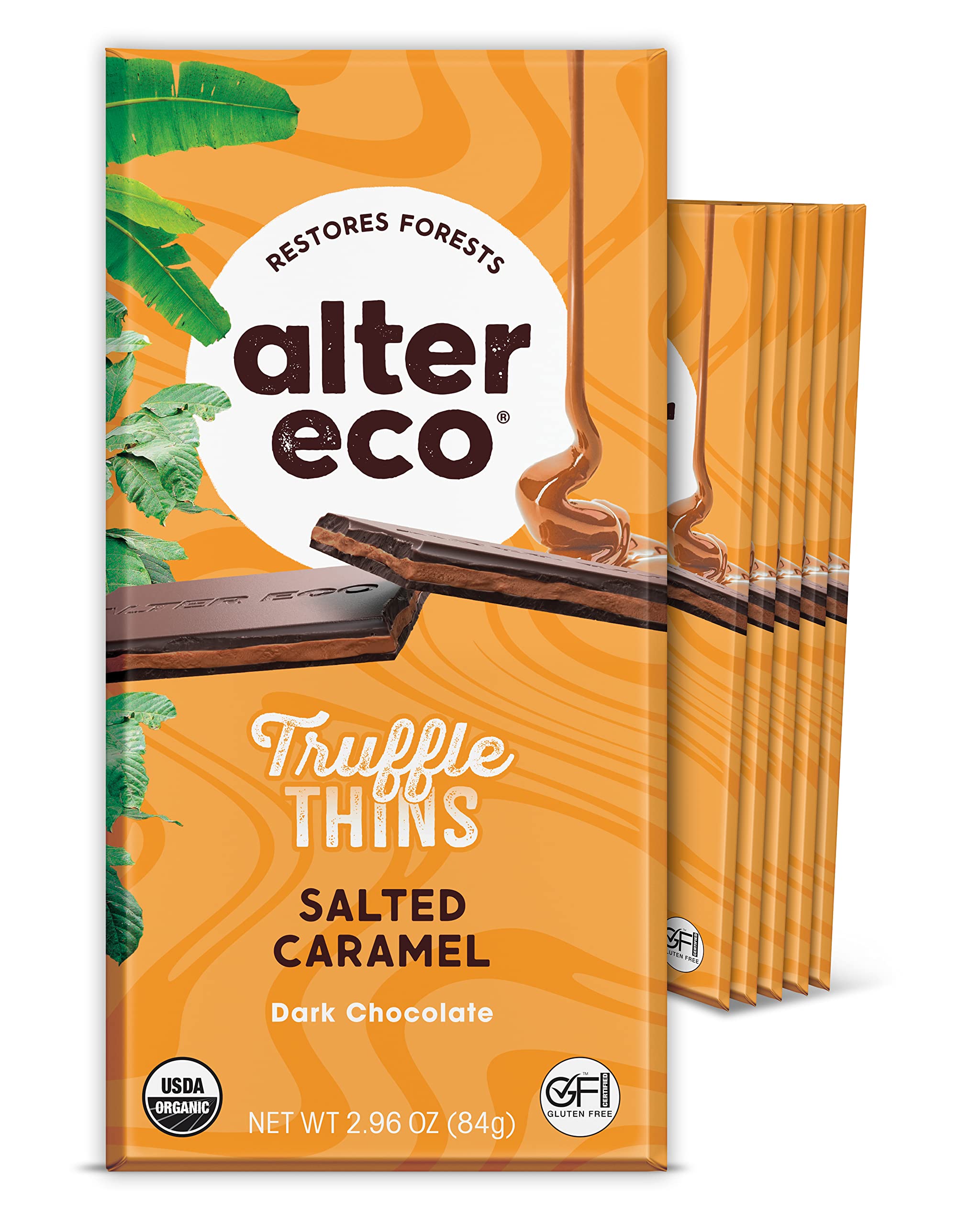 Alter Eco Salted Caramel Truffle Thins, Chocolate Bar with Gooey Caramel Ganache Truffle Filling, Organic, Gluten-Free, Non-GMO Snacks, No Additives or Artificial Sweeteners, Fair Trade, Recyclable Packaging (6-Pack Salted Caramel)