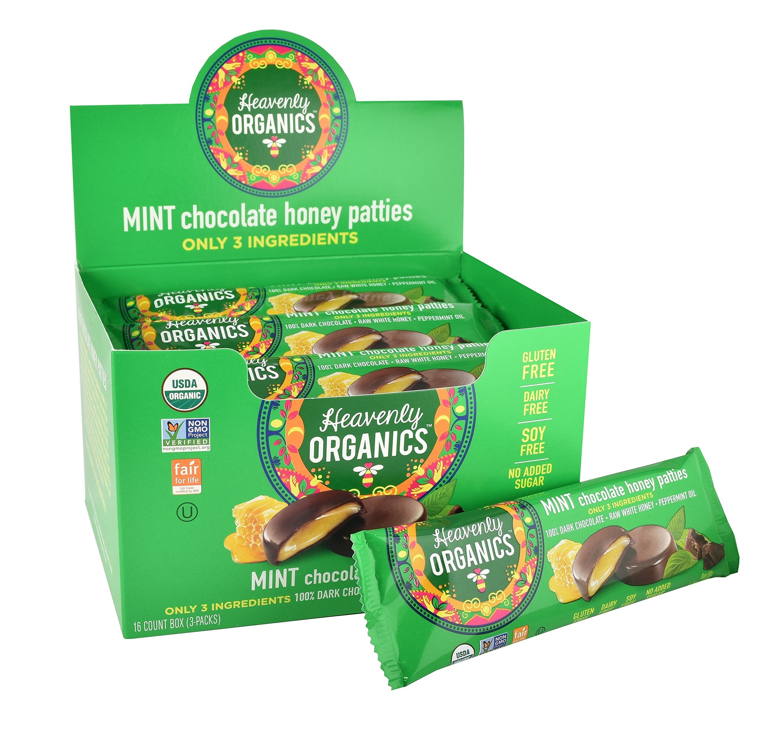 Heavenly Organics Mint Chocolate Honey Patties, (16 Per Box) Made with 100% Organic Cocoa and 100% Organic Raw White Honey; Non-GMO, Fair Trade, Kosher, Dairy & Gluten Free, No Sugar Added