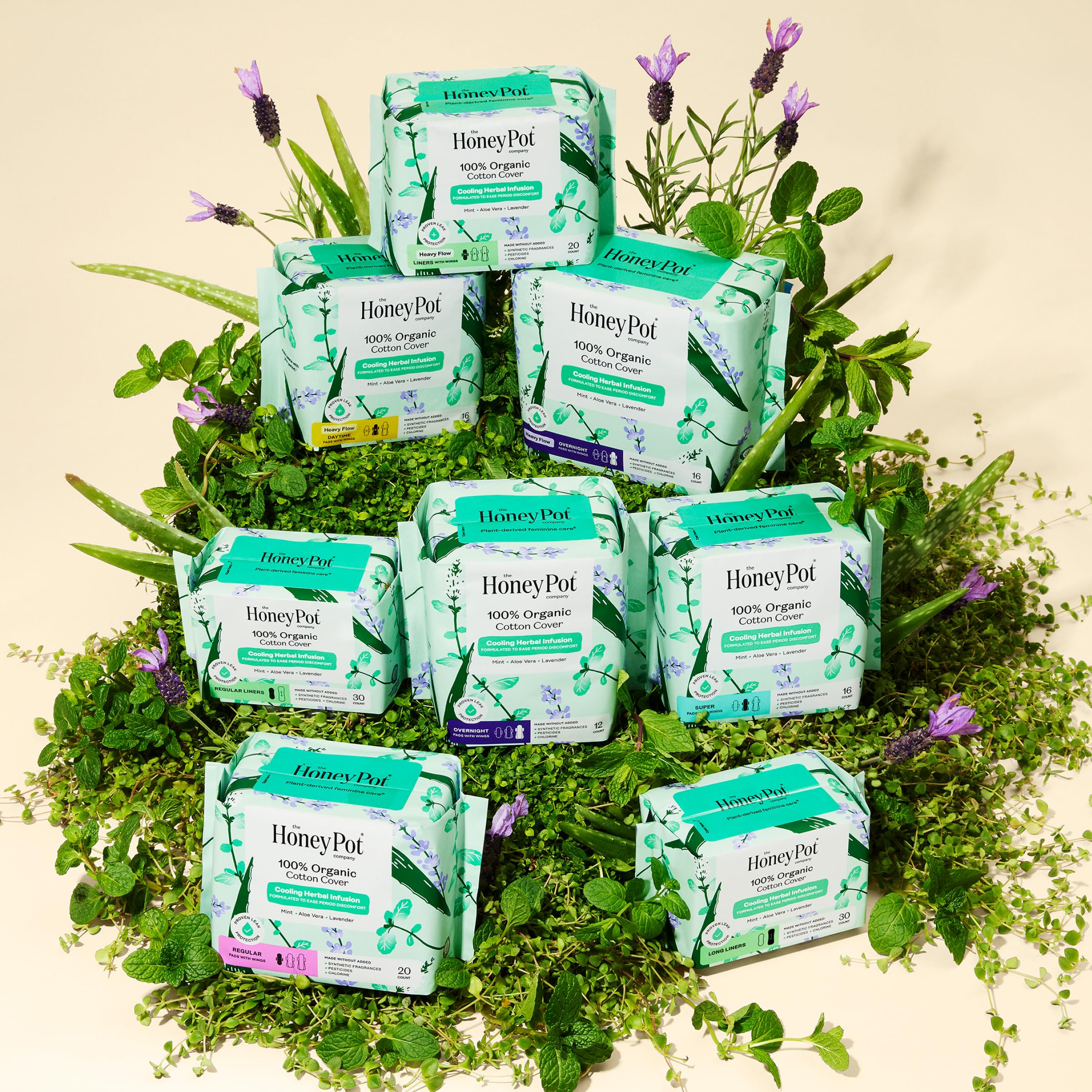 The Honey Pot Company - Herbal Sanitary Pads for Women - Heavy Flow Overnight w/Wings - Infused w/Essential Oils for Cooling Effect & Organic Cotton Cover - Feminine Care - 16 ct