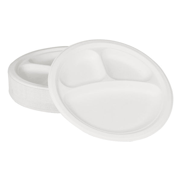 500-PACK OF Plate Round Karat Earth 3 Compartments, 9'' Molded Fiber Round Plates, PFAS Free, White - 500 pcs