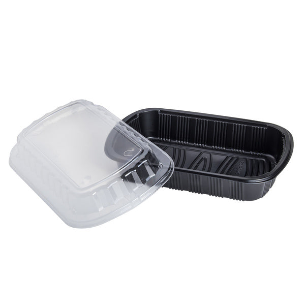 100-PACK OF Container Takeout Karat 100 ct Half Slab Black PP Plastic Rib Container with Clear OPS/PP lid