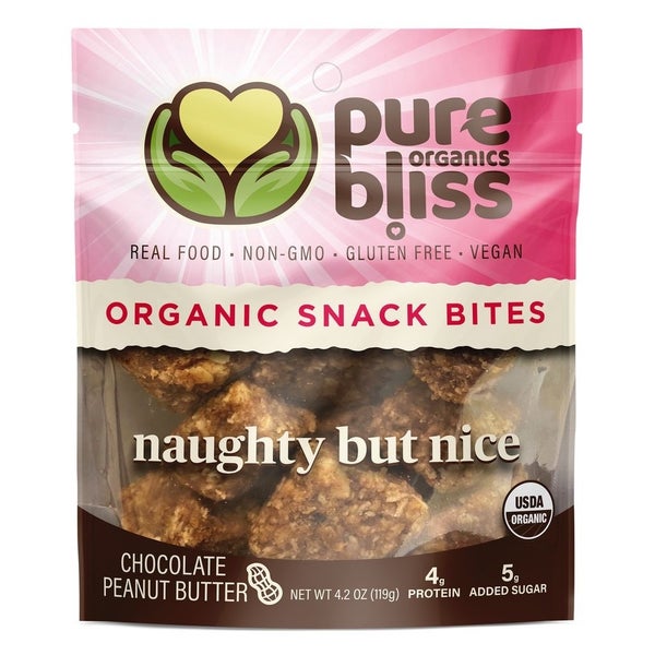 6-PACK OF Organic Snack Bites Chocolate Peanut Butter Naughty but Nice, Pure Bliss Organics