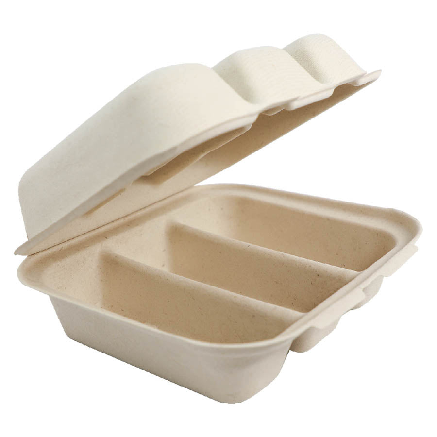 300-PACK OF CONTAINER TAKEOUT World Centric 8x7x3" 3-Compt Compostable Fiber Taco Clamshells | No PFAS | 300 count