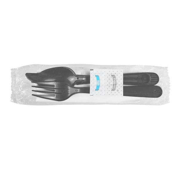 250-PACK OF Kit Cutlery Karat 250 sets PP Plastic Heavy Weight Cutlery Kits with Salt and Pepper (Black)
